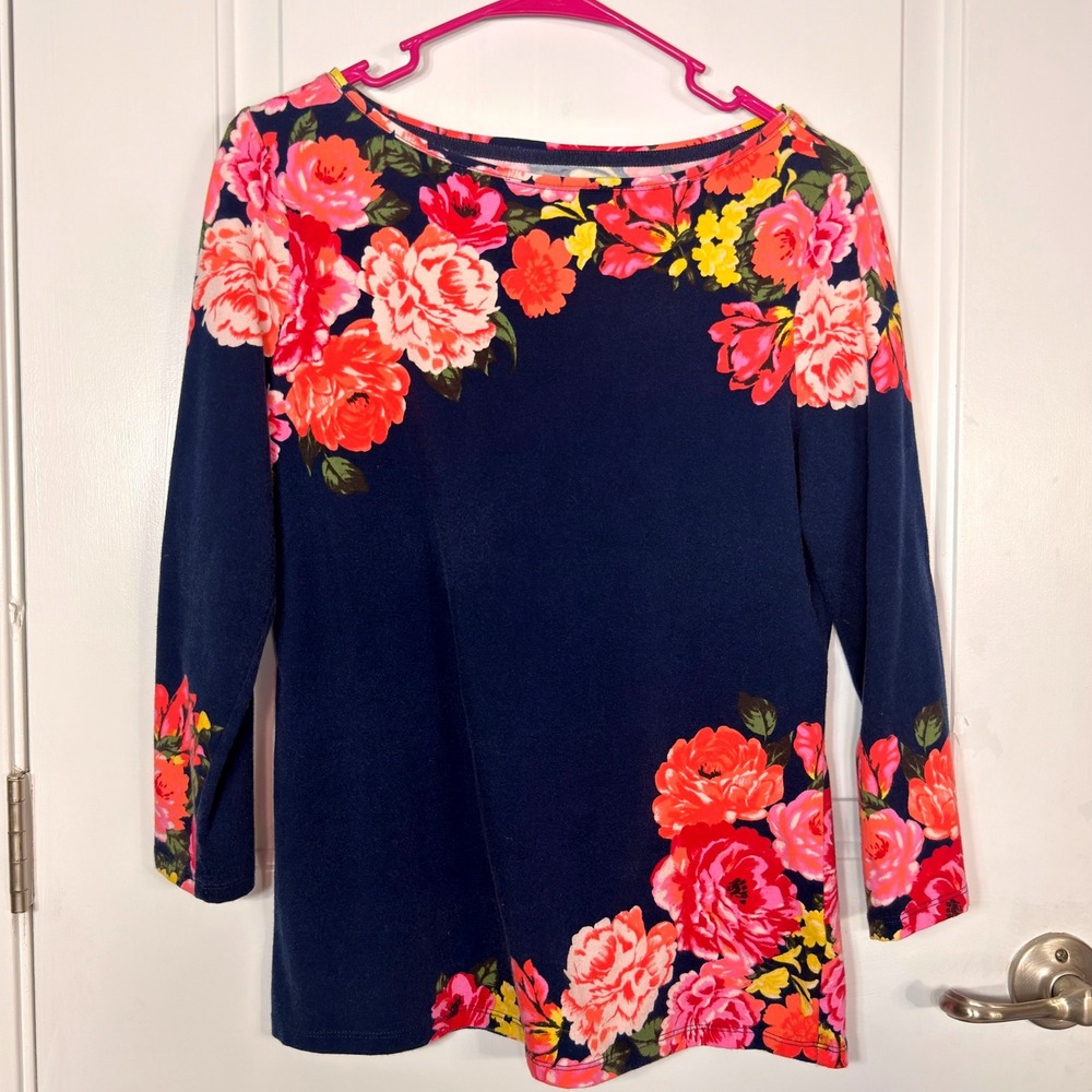 Talbots Floral Boat Neck Top Navy Pink Orange 3/4 Sleeve Stretch Cotton Medium